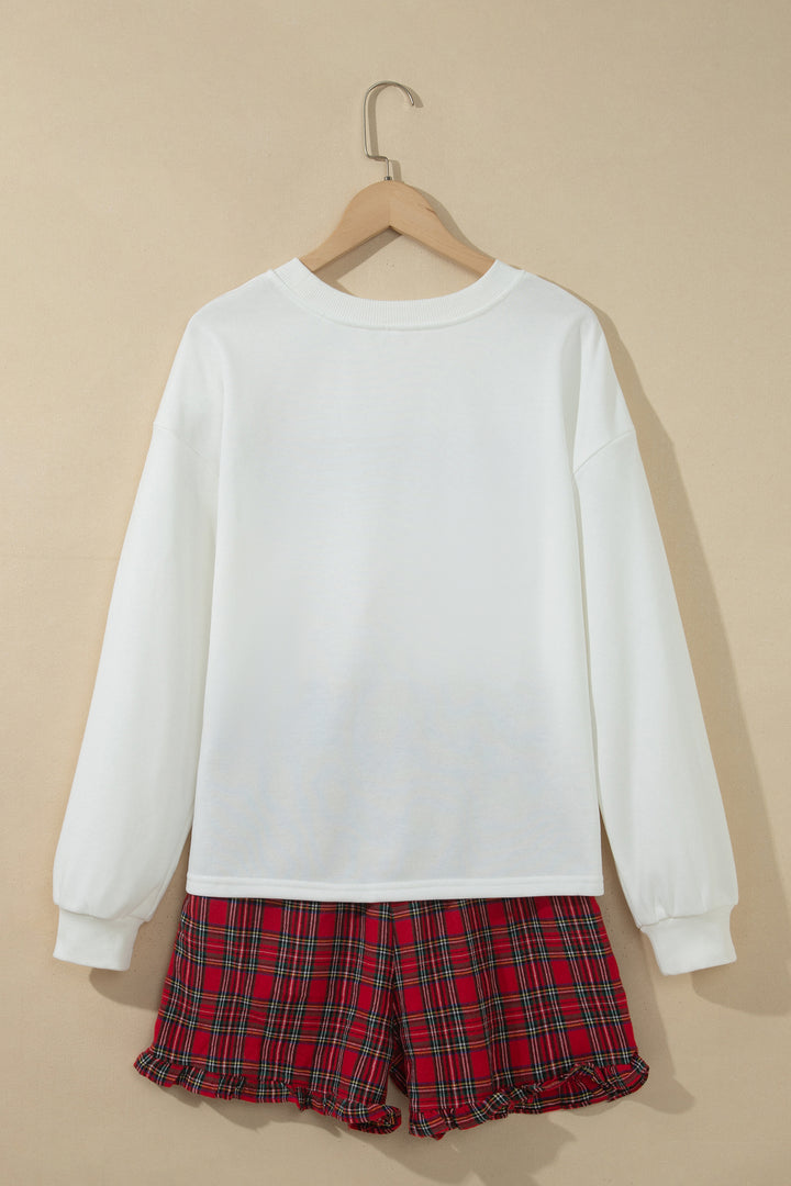 White Plaid Merry Slogan Embroidered Pocket Long Sleeve Shift Lounge Set