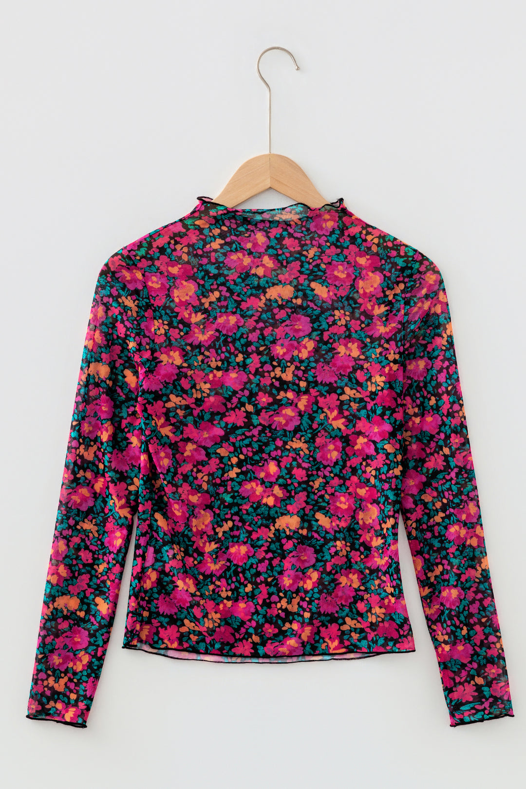 Pink Slim Fit Floral Mesh Long Sleeve Mock Neck Top