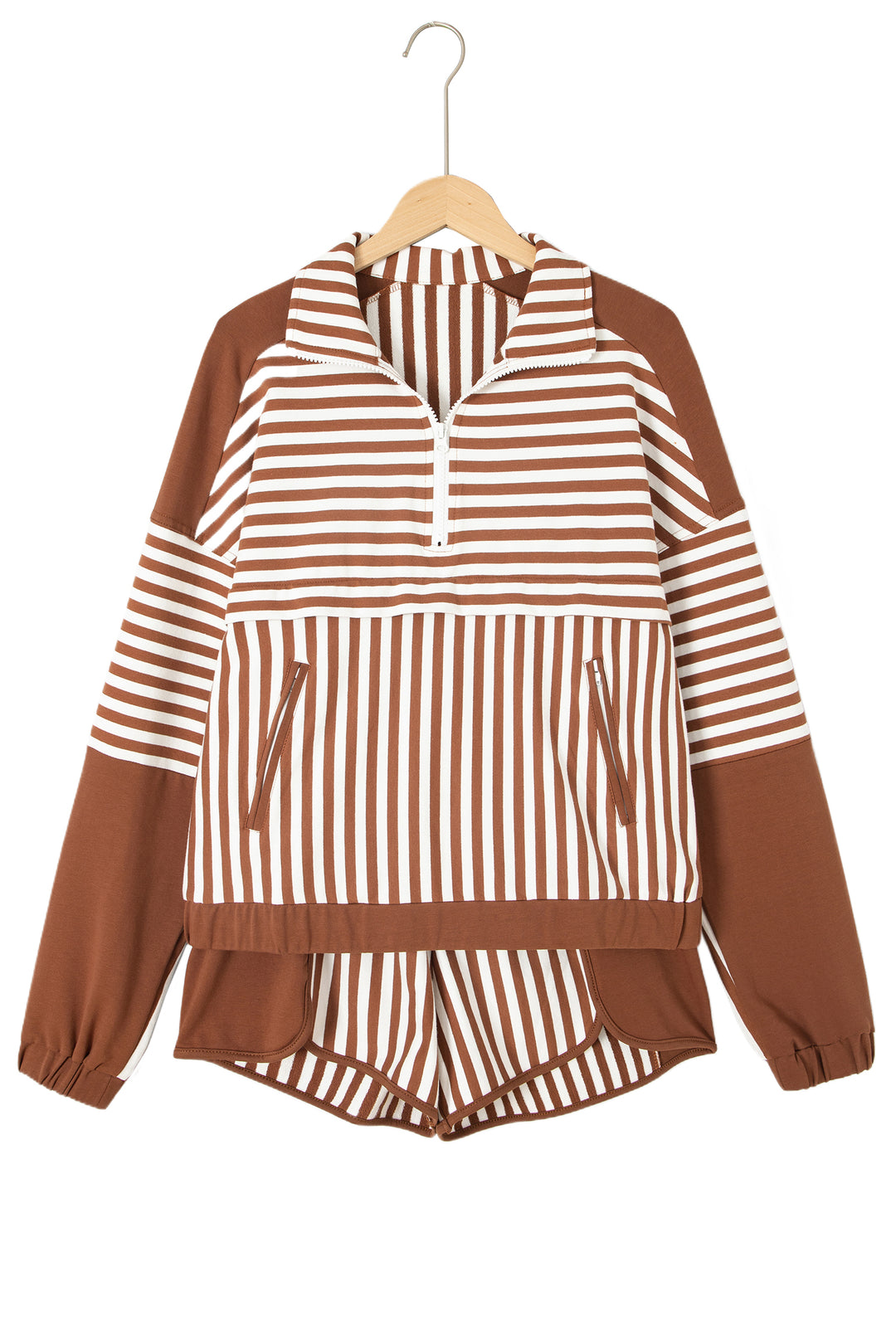 Brown Stripe Color Block Patchwork Quarter Zip Pullover Sporty Shorts Set