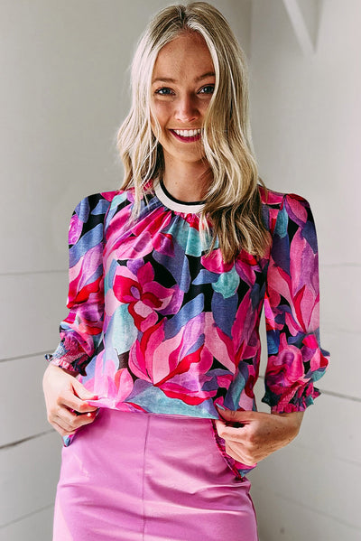 Multicolor Floral Print Ruched Sleeve Puff Sleeve Blouse