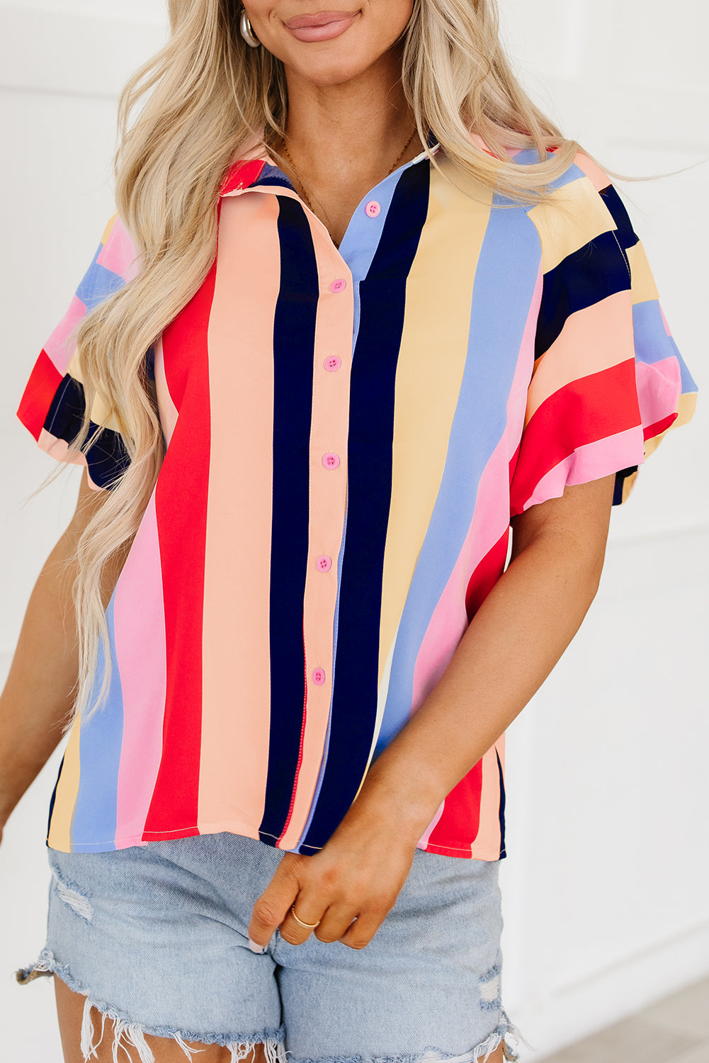 Multicolor Color Block Striped Puff Sleeve Buttoned Shirt