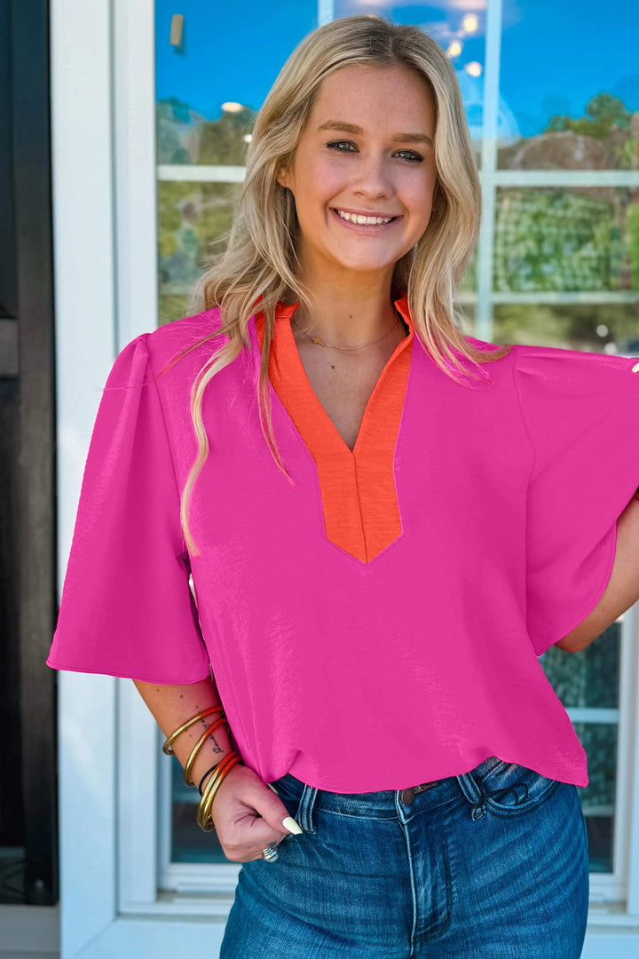 Rose Red Contrast V Neck Colorblock Wide Short Sleeve Top