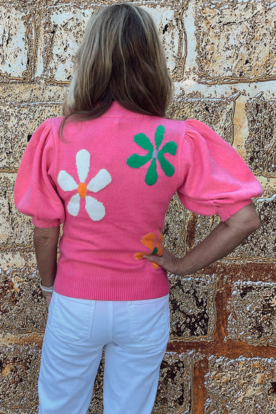 Bright Pink Floral Bubble Short Sleeve Sweater