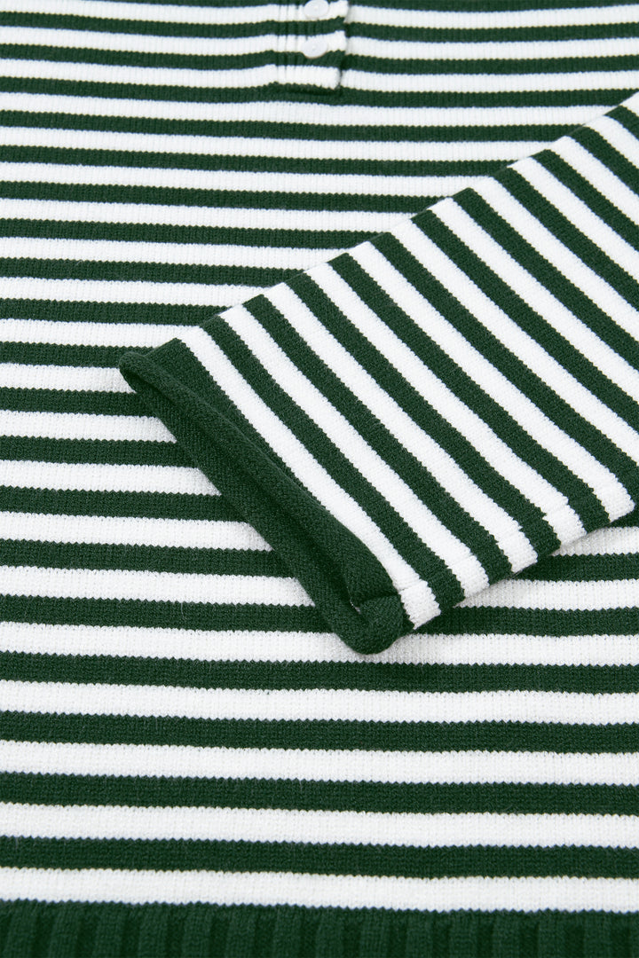 Green Stripe Striped Button Placket Drop Shoulder Long Sleeve Sweater