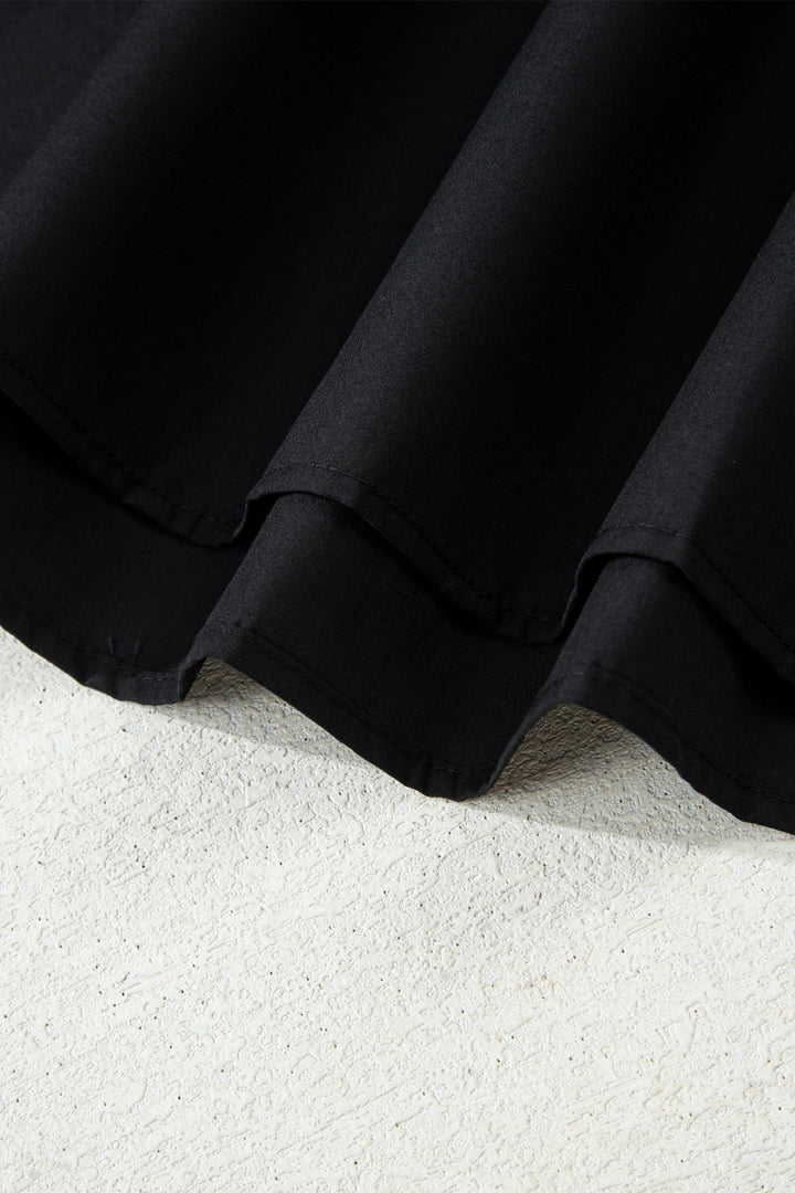 Black Striped Trim Ruffle Split Neck Long Sleeve Blouse