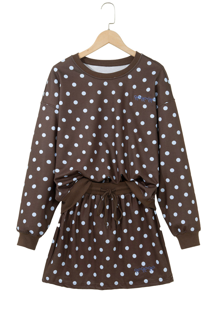 Brown Polka Dot Long Sleeve Pullover Embroidered Bow Detail 2pcs Skort Set