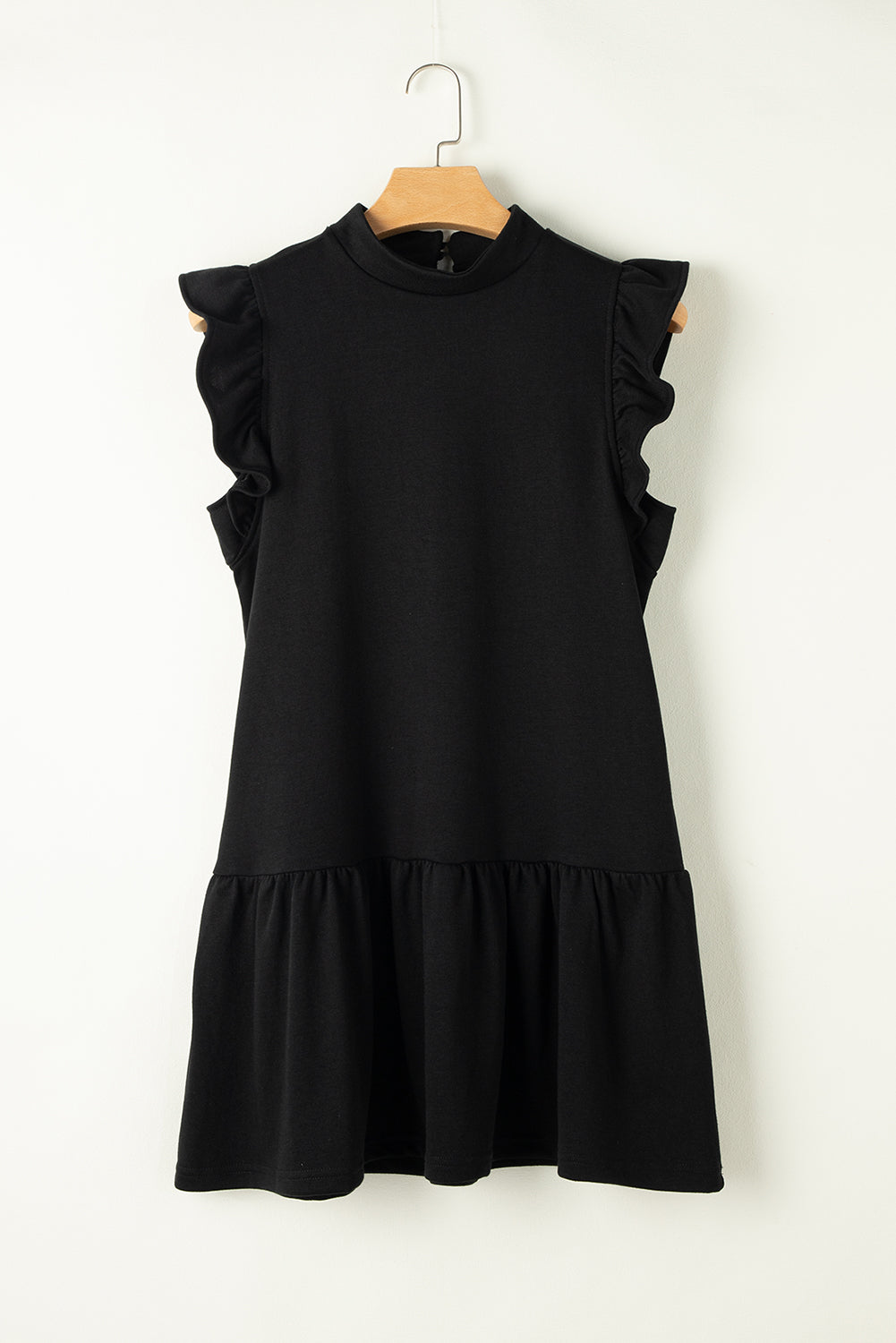 Black Flutter Sleeve Crew Neck Shift Dress