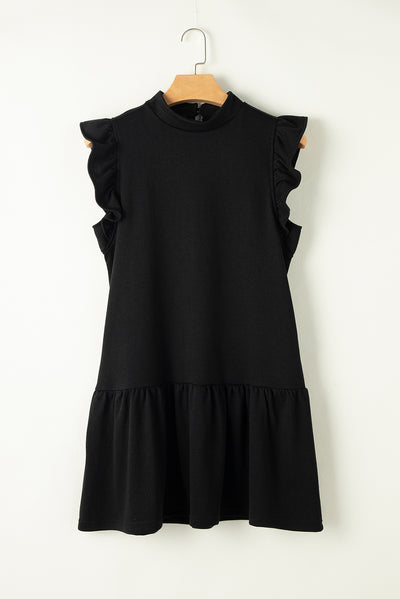 Black Flutter Sleeve Crew Neck Shift Dress