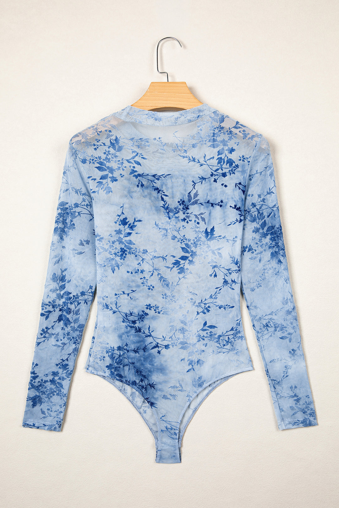 Sky Blue Sheer Mesh Floral Printed Mock Neck Long Sleeve Bodysuit