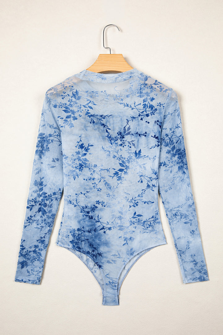 Sky Blue Sheer Mesh Floral Printed Mock Neck Long Sleeve Bodysuit