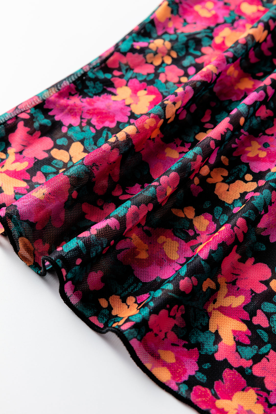 Pink Slim Fit Floral Mesh Long Sleeve Mock Neck Top