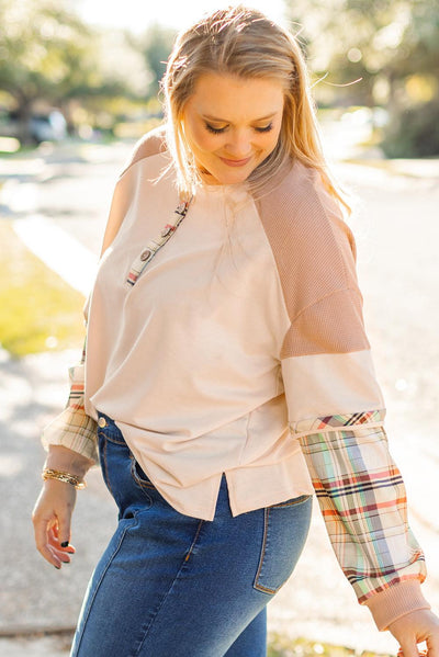 Parchment Plus Size Plaid Patchwork Layered Henley Top