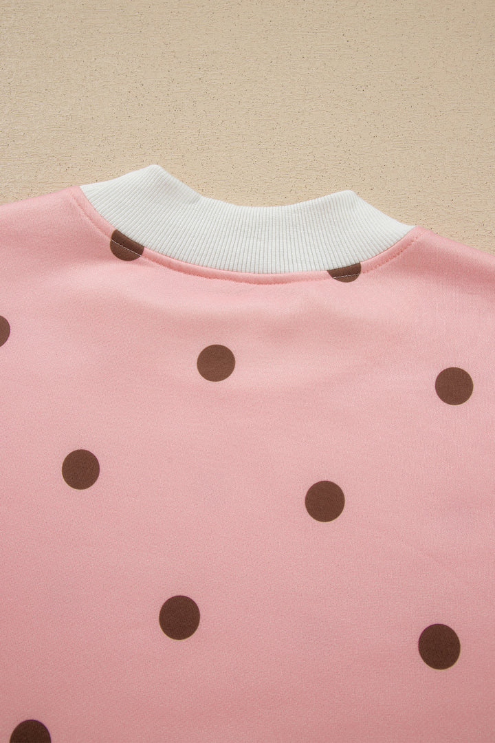 Brown Polka Dot Ribbed Trim Long Sleeve Top Casual Short Set