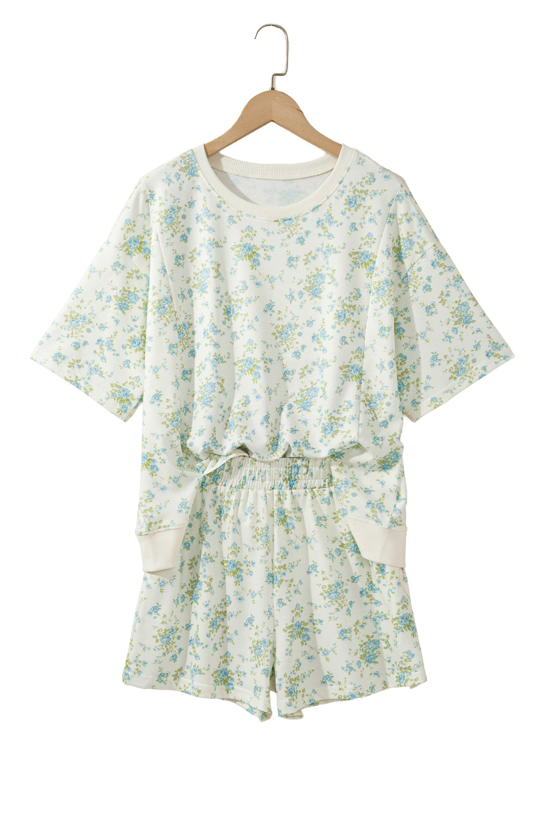 Sky Blue Floral Print Short Sleeve Elastic Waist Pocket Casual Two Piece Short Sets