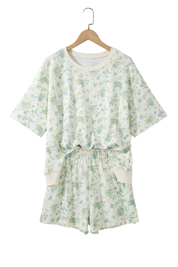 Sky Blue Floral Print Short Sleeve Elastic Waist Pocket Casual Two Piece Short Sets