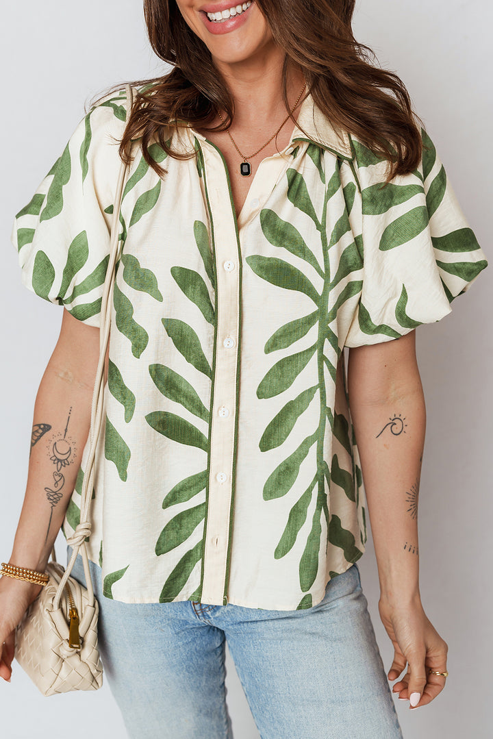 Green Leaf Print Short Balloon Sleeve Shirt