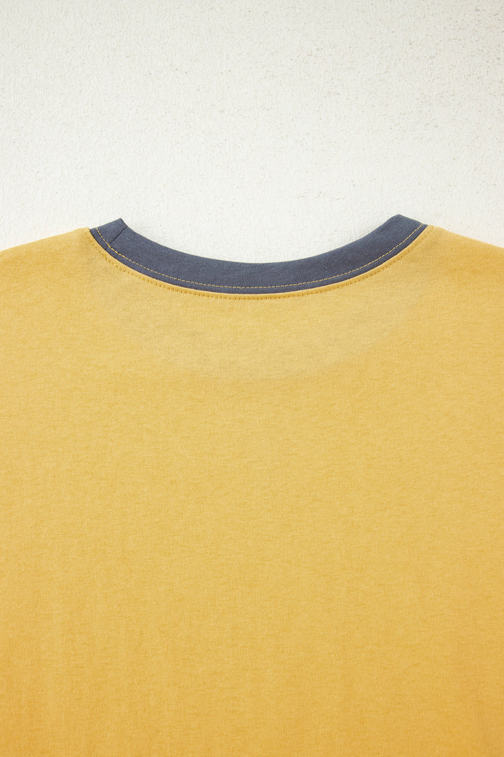 Banana Cream Contrast Trim Raw Hemline Short Sleeve Loose Top