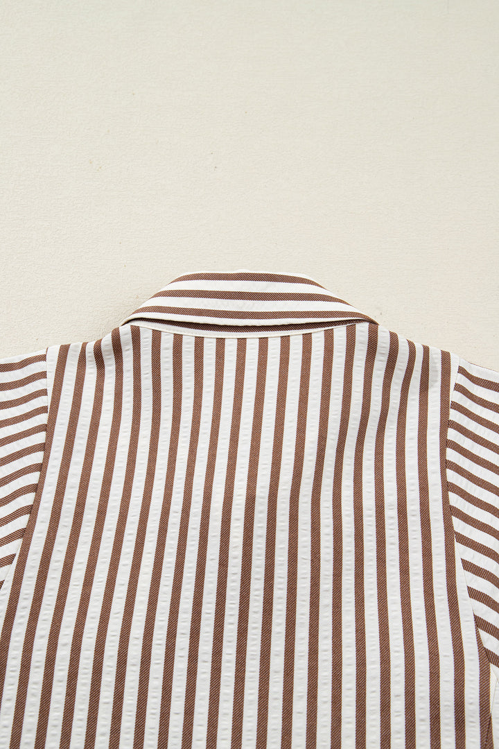 Brown Stripe Knot Waist Puff Sleeve Button Down Mini Shirt Dress