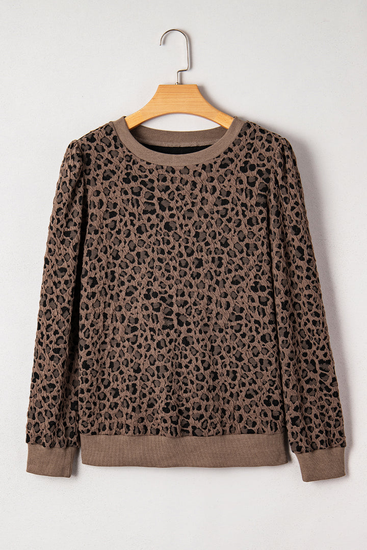 Brown Ribbed Trim Leopard Print Long Sleeve Top