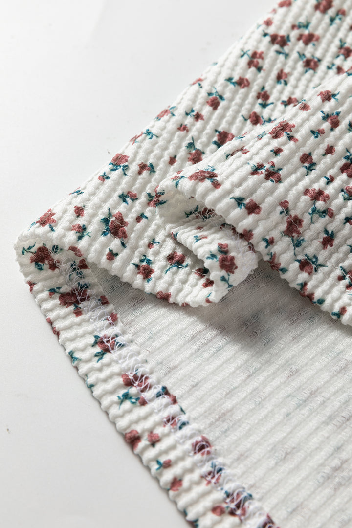 White Spiral Ribbed Floral Print Long Sleeve Henley Top Drawstring Short Set