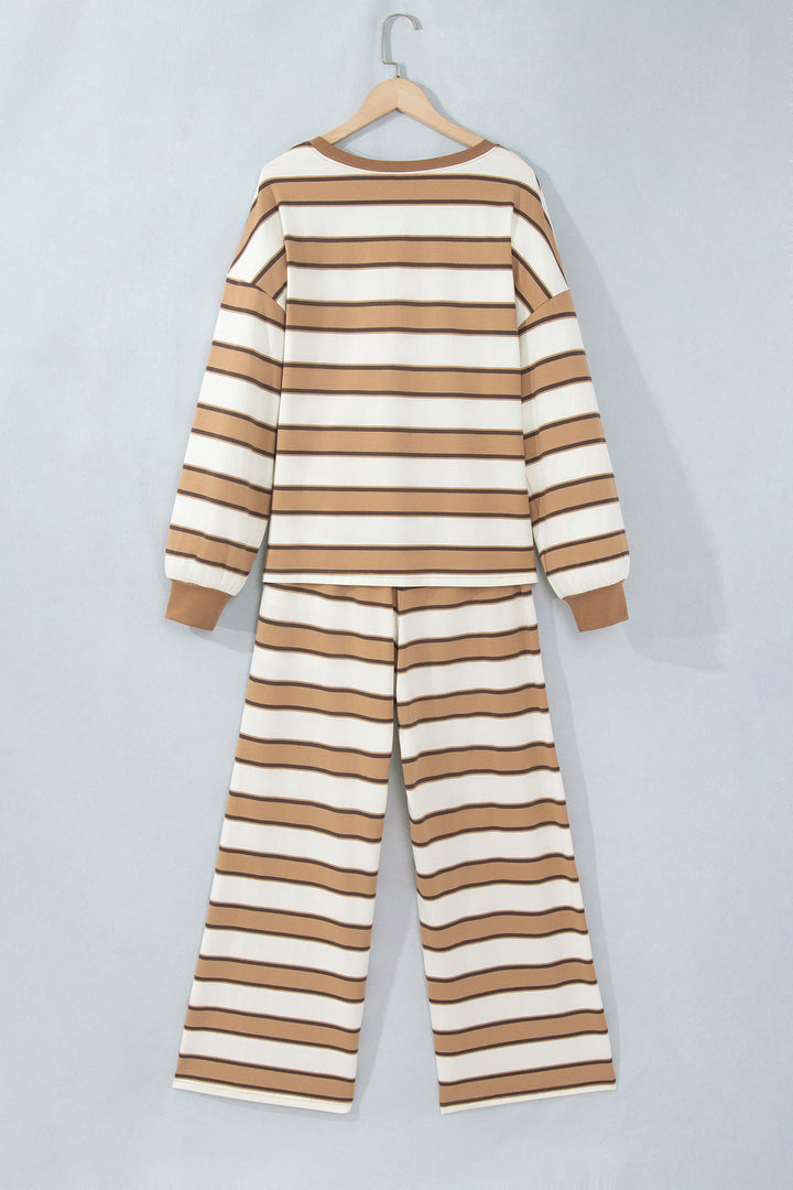 Khaki Stripe Contrast Trim Patchwork Casual Two-Piece Pants Set