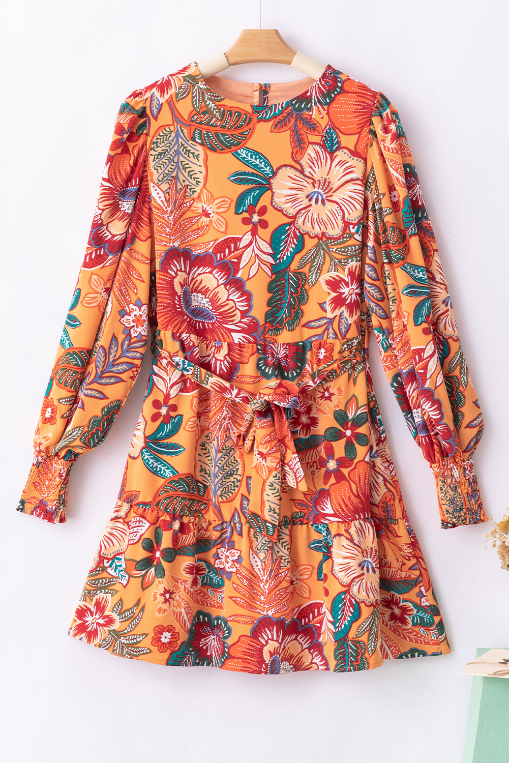 Orange Bubble Sleeve Belted Floral Dress