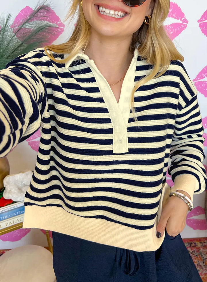 Blue Stripe Collared V Neck Long Sleeve Casual Top
