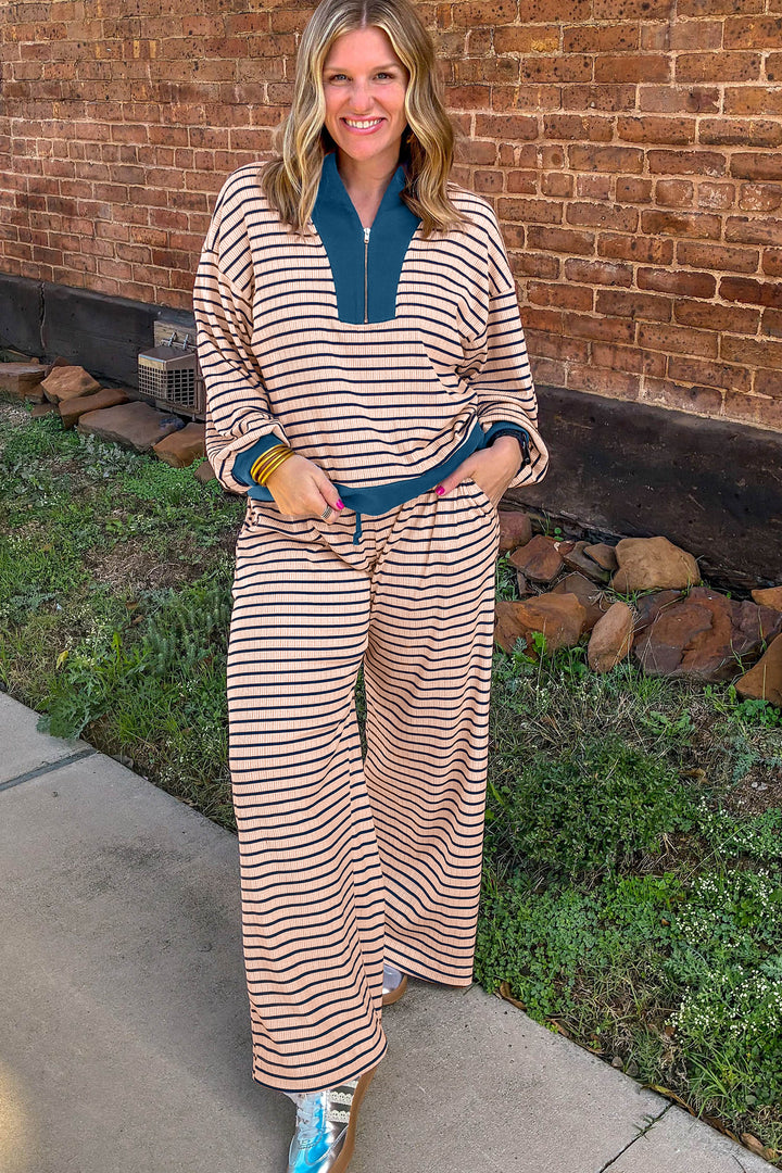 Pink Stripe Striped Colorblock V Neck Long Sleeve Plus Size Set