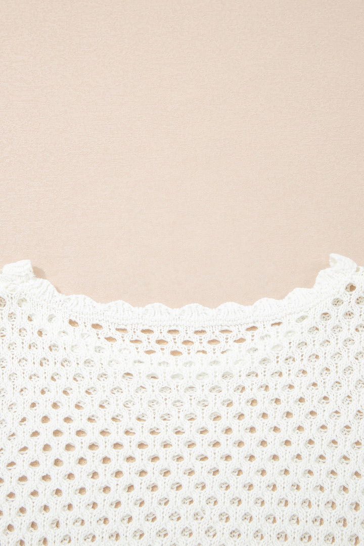 Yellow Cream Scalloped Trim Hollow Out Knit Long Sleeve Top