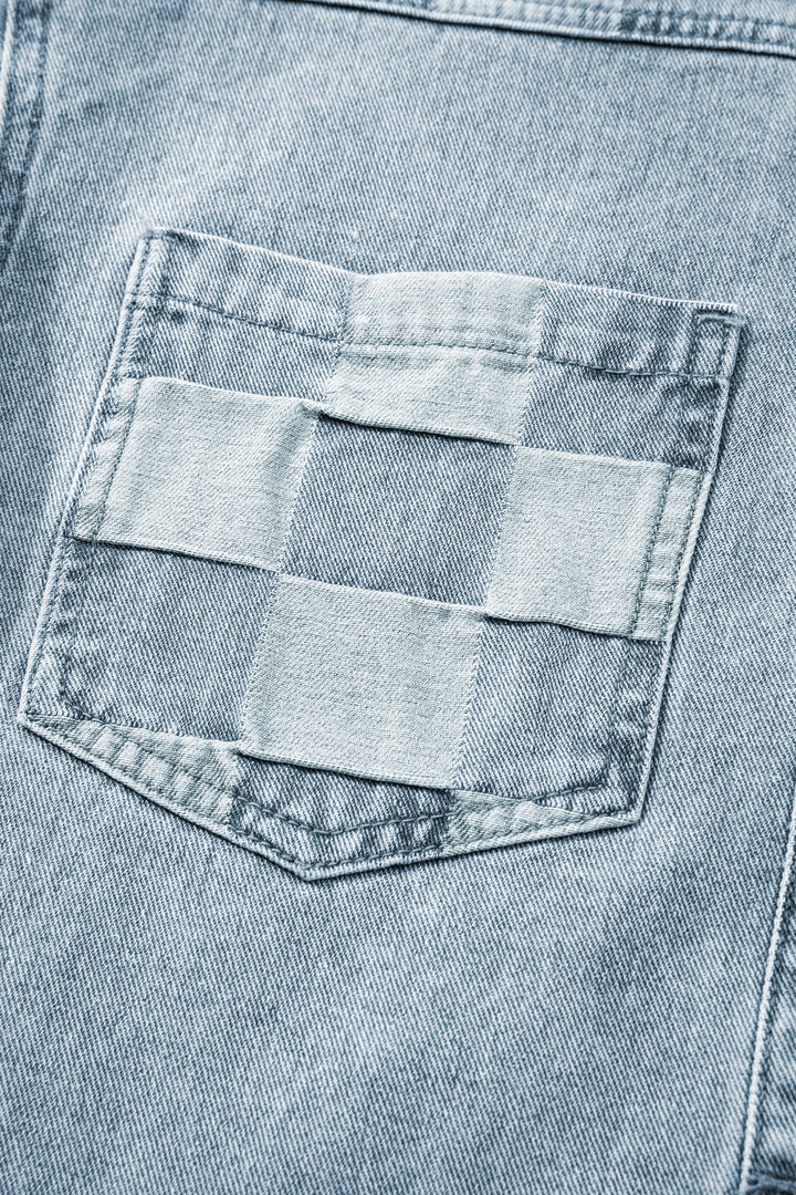 Beau Blue Denim Checkered Pattern Patchwork Womens Casual Jacket