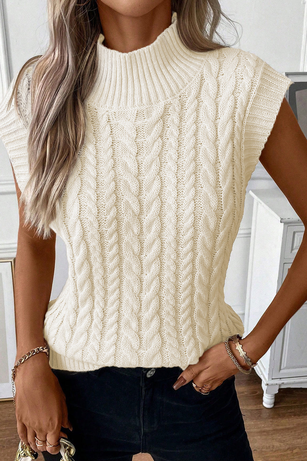 Oatmeal Cable Knit High Neck Sweater Vest