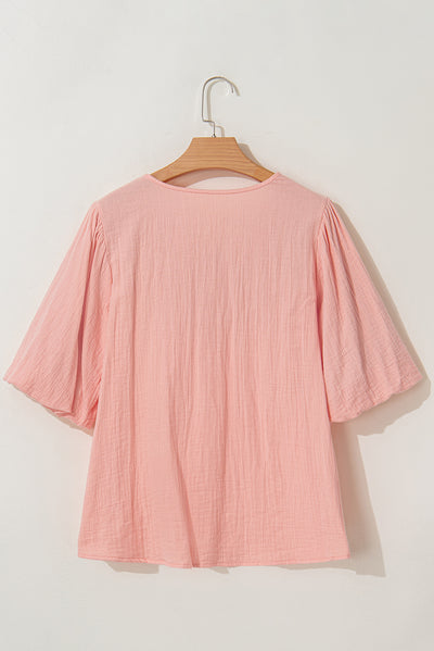 Apricot Pink Geometric Embroidered V Neck Puff Sleeve Blouse