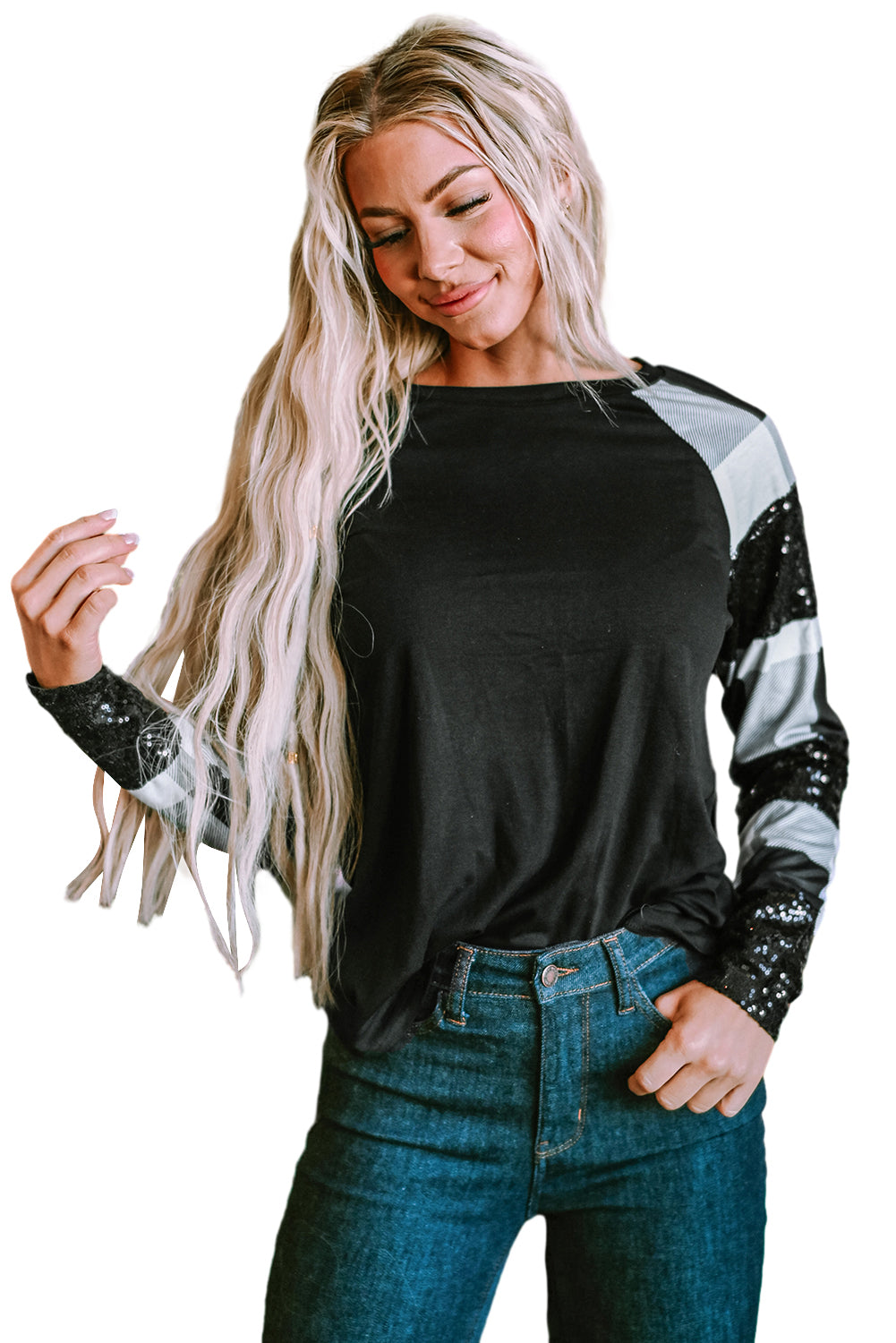 Black Sequin Plaid Patchwork Raglan Sleeve Top