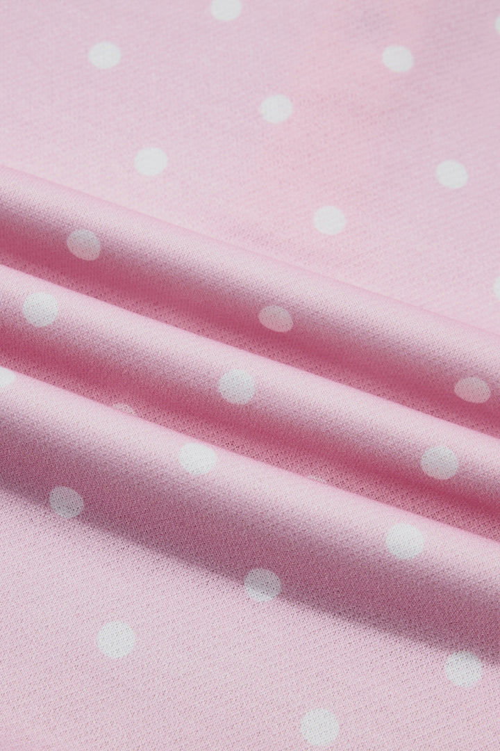 Pink Polka Dot Print Metal Button Collar Casual Pullover Sweatshirt