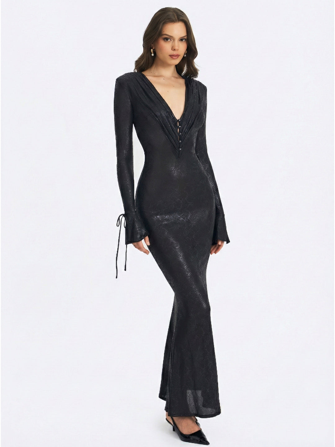 Ilysia Black V-Neck Plunge Snakeskin Mermaid Hem Maxi Dress