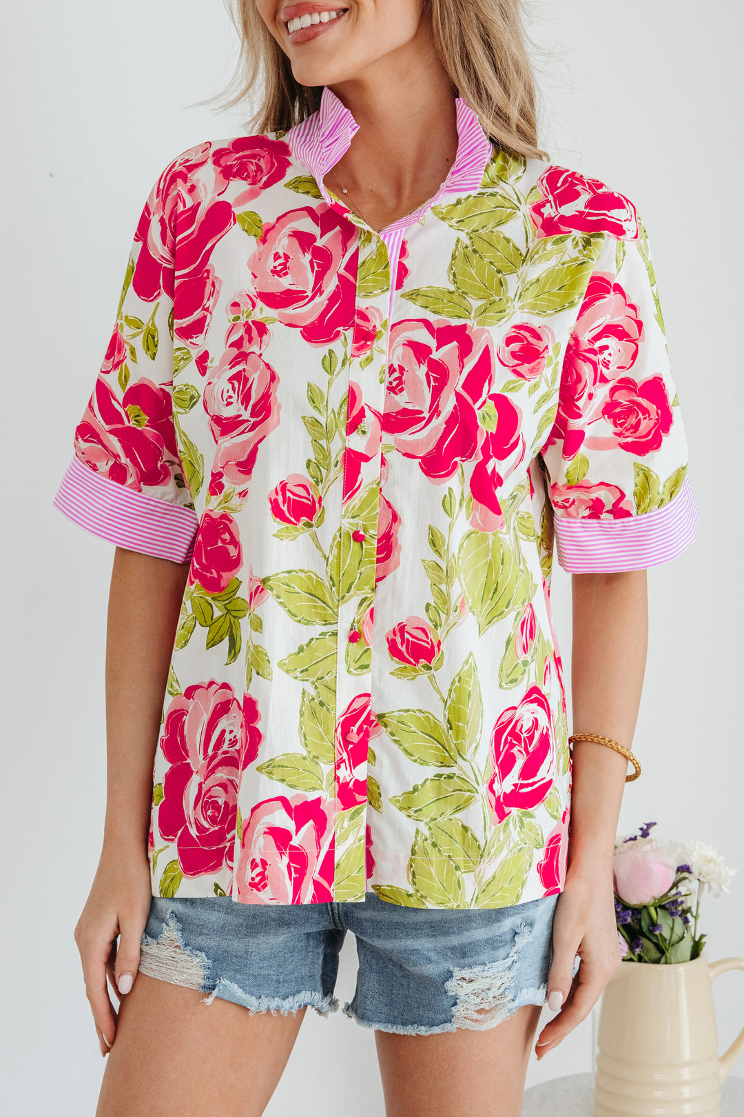 Pink Flower Print Striped Trim Frilled Collar Short Sleeve Shirt