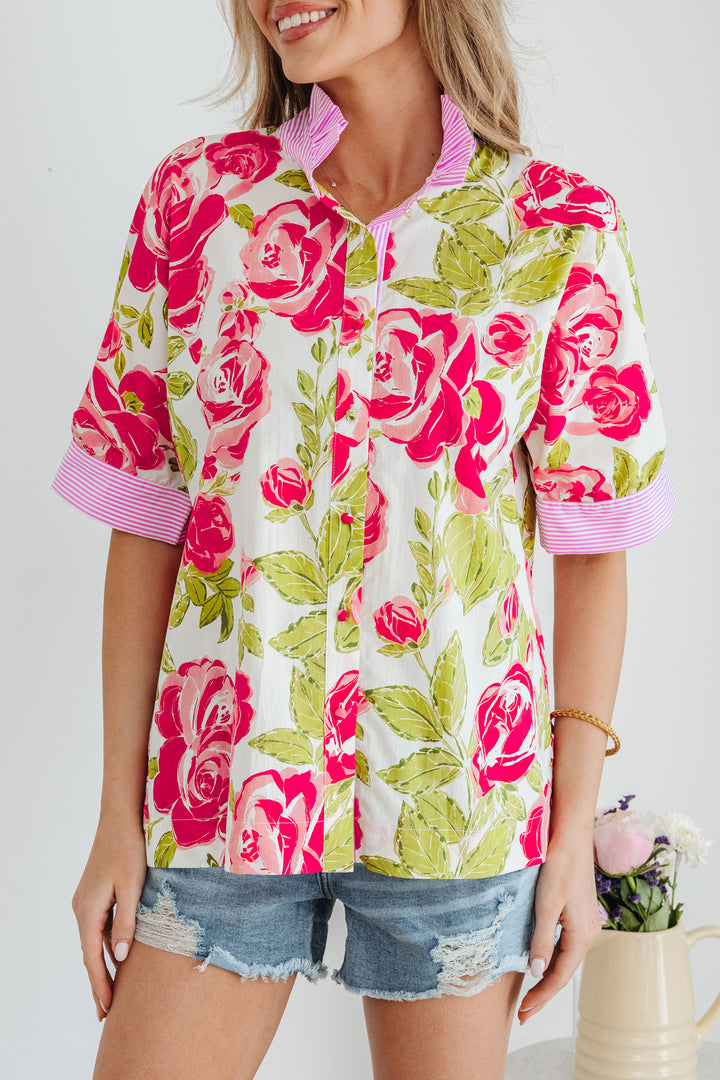 Pink Flower Print Striped Trim Frilled Collar Short Sleeve Shirt