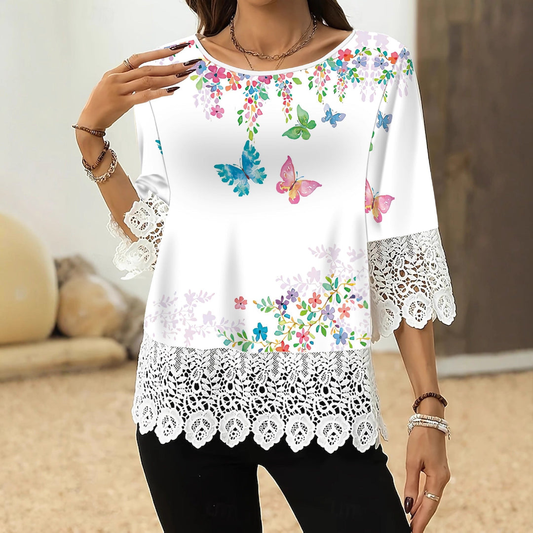 Printed Patchwork Three-Quarter Sleeve Top – Women&