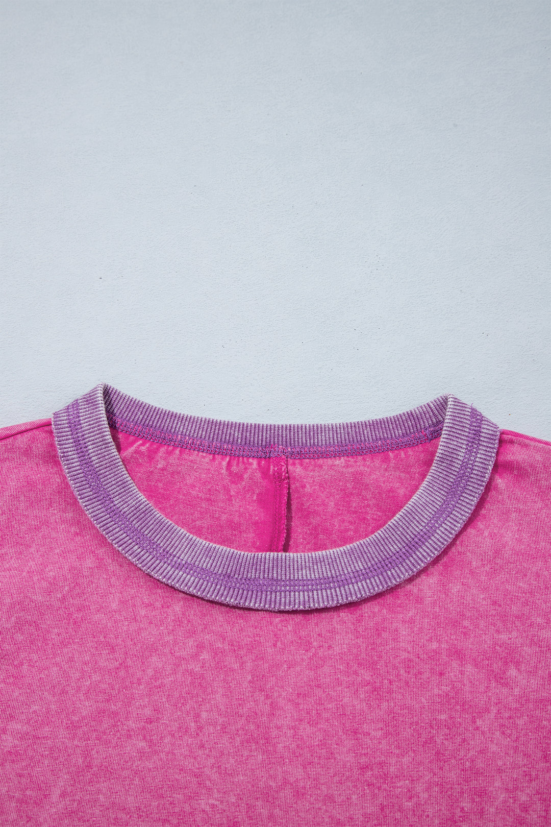 Strawberry Pink Mineral Wash Color Block Trim Bracelet Sleeve Pullover Top