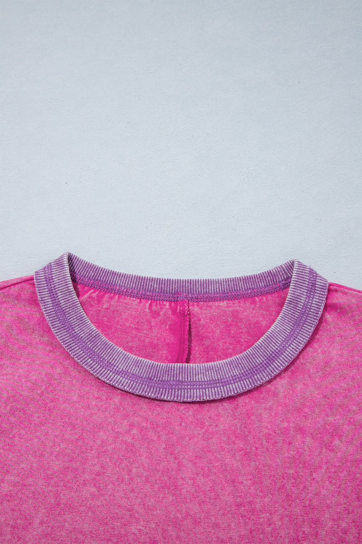 Strawberry Pink Mineral Wash Color Block Trim Bracelet Sleeve Pullover Top