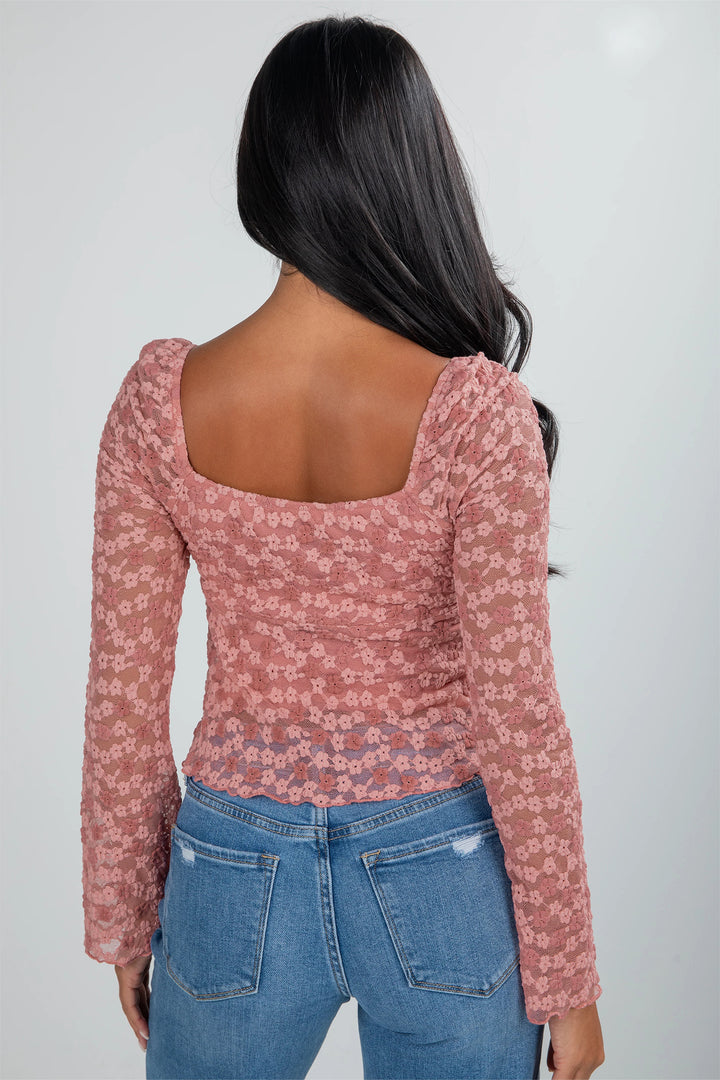 Peach Blossom Drawstring Knot Detail Floral Lace Blouse