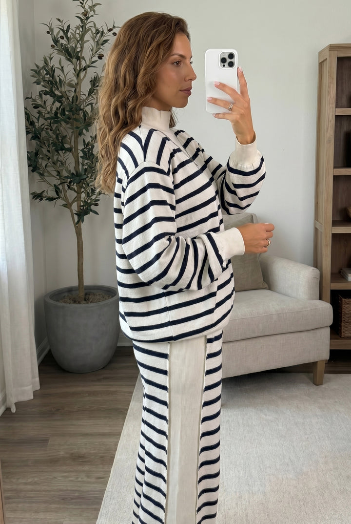 Blue Stripe Striped Ribbed Cuff Collar Pocket Loose Pant Set