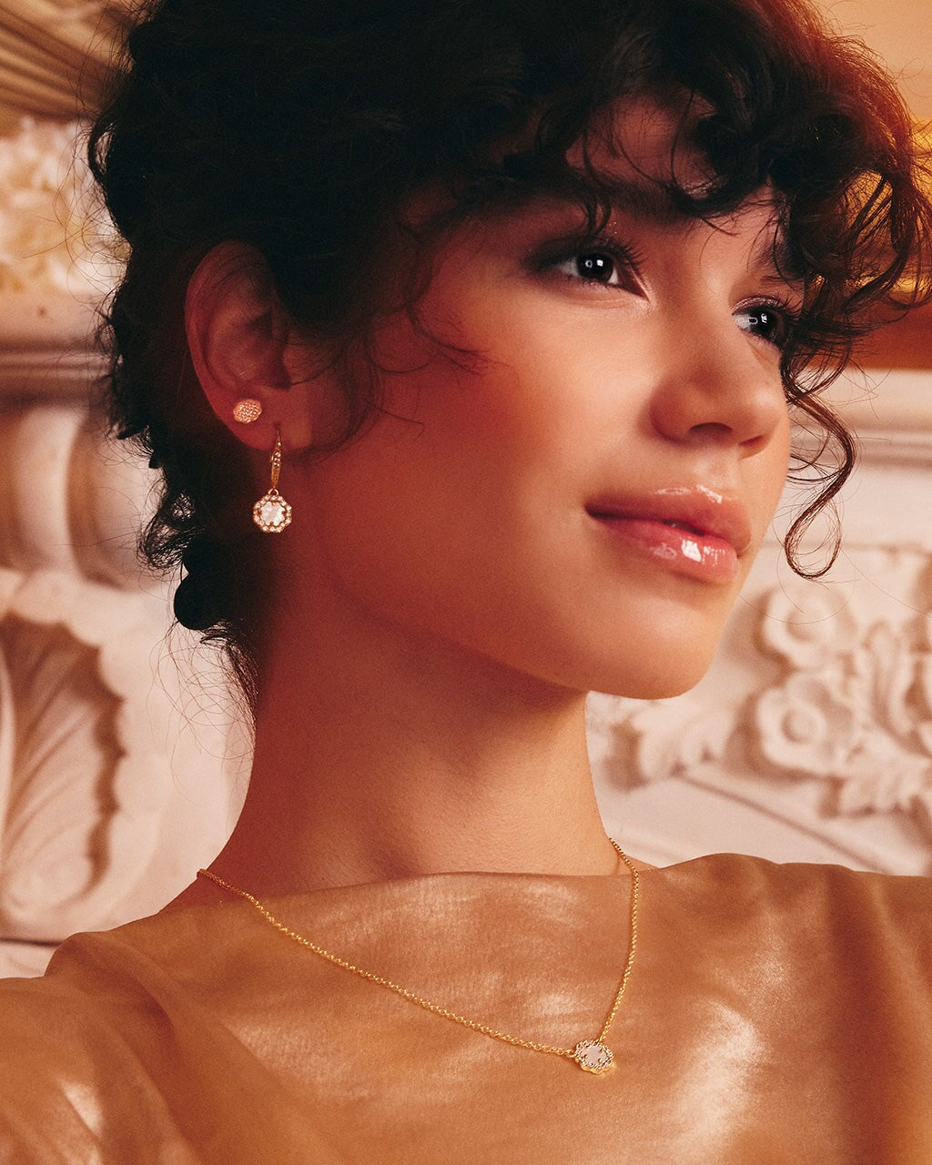 Bezel Frame Rose Petal Short Drop Earrings