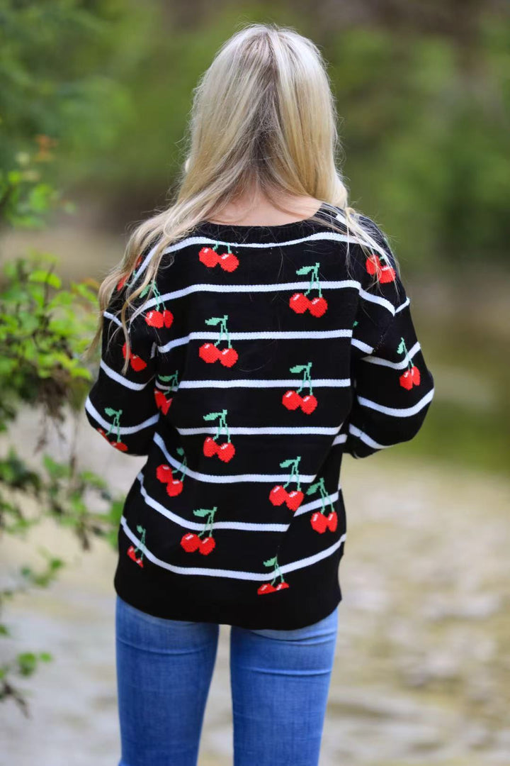 Striped cherry knit cardigan