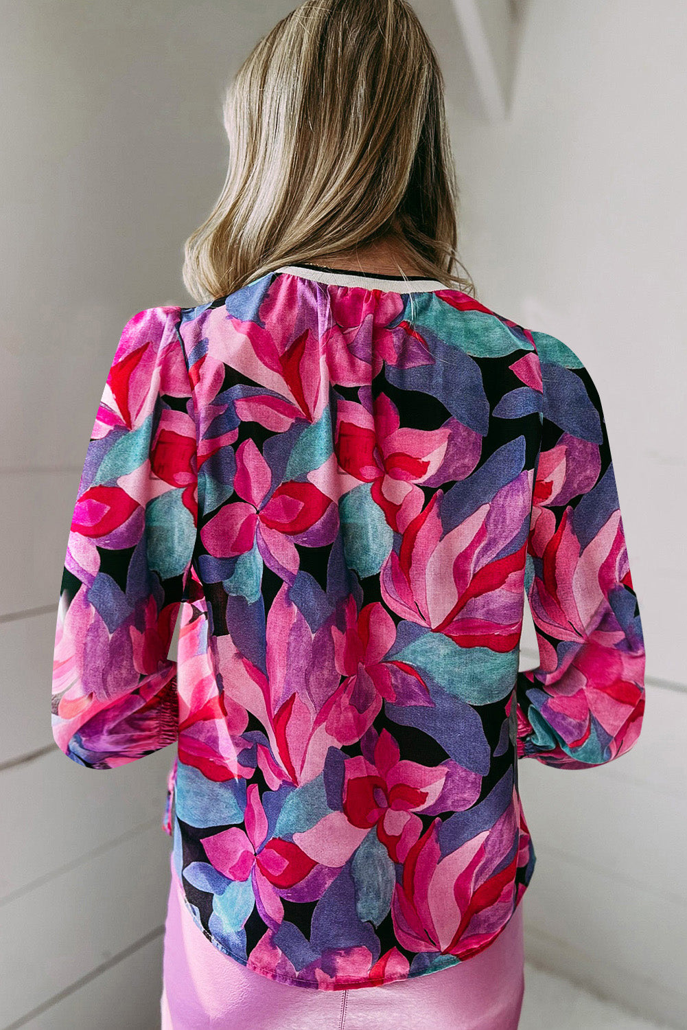 Multicolor Floral Print Ruched Sleeve Puff Sleeve Blouse