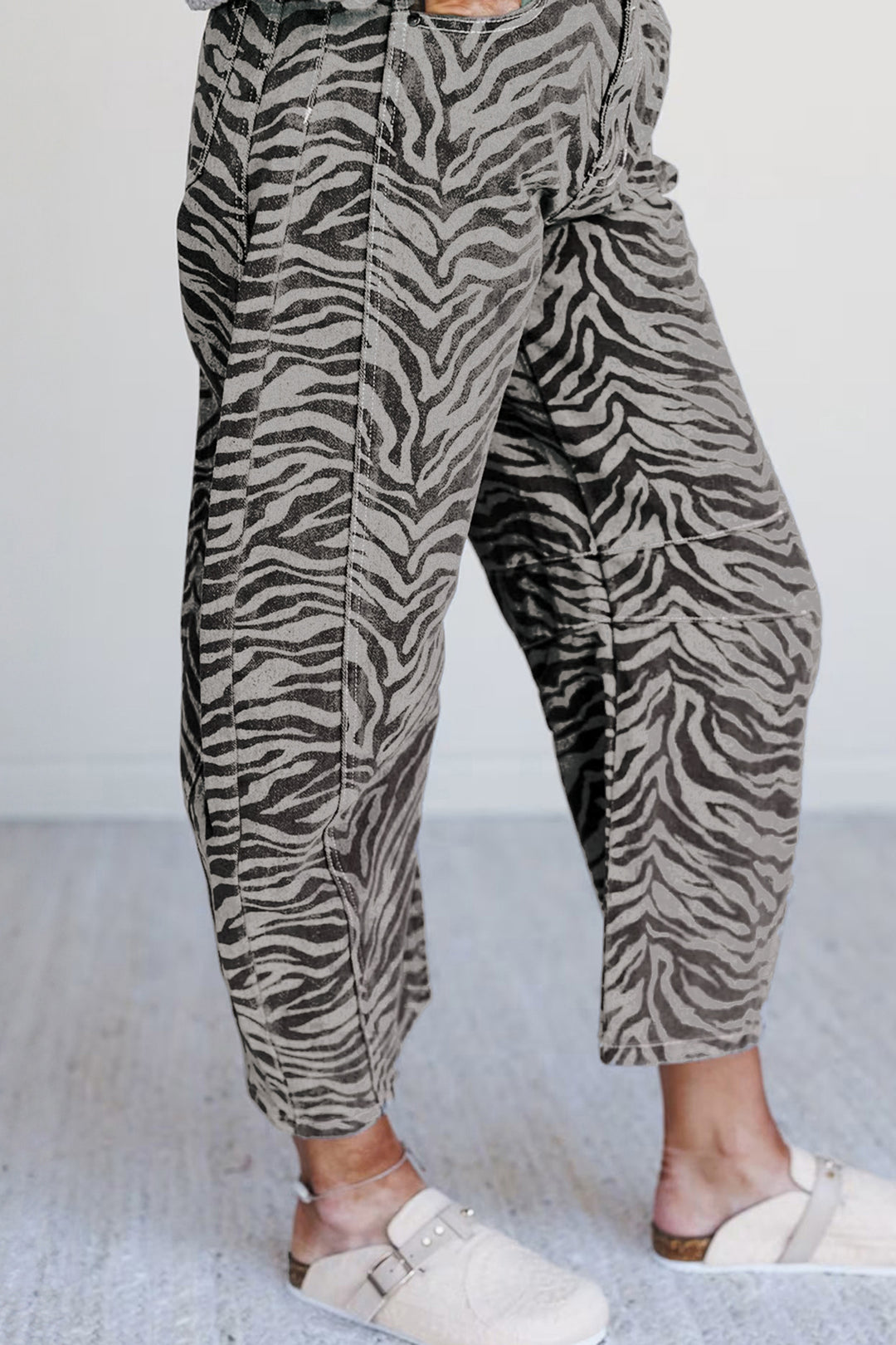 Gray Zebra Stripe Printed Wide Leg Jeans