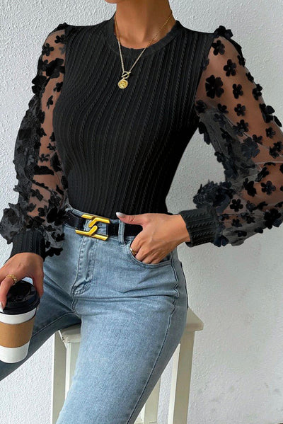 Black Floral Applique Mesh Sleeves Textured Knit Blouse