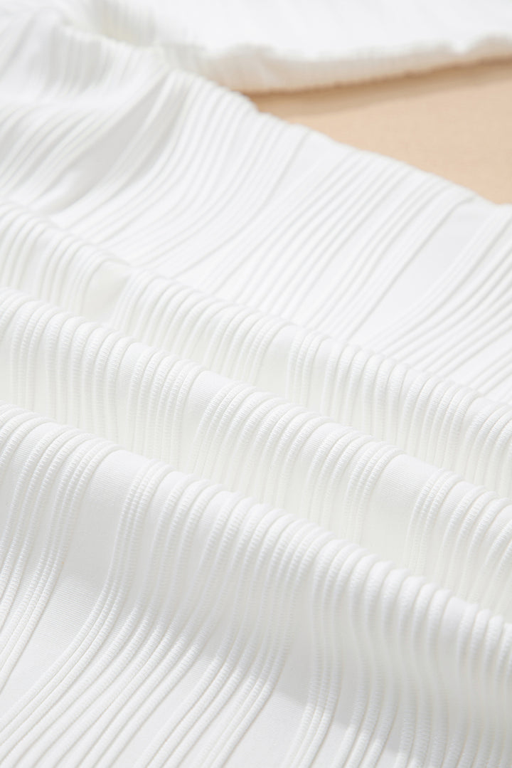 White Solid Color Textured Zip V Neck Pullover Sweatshirt