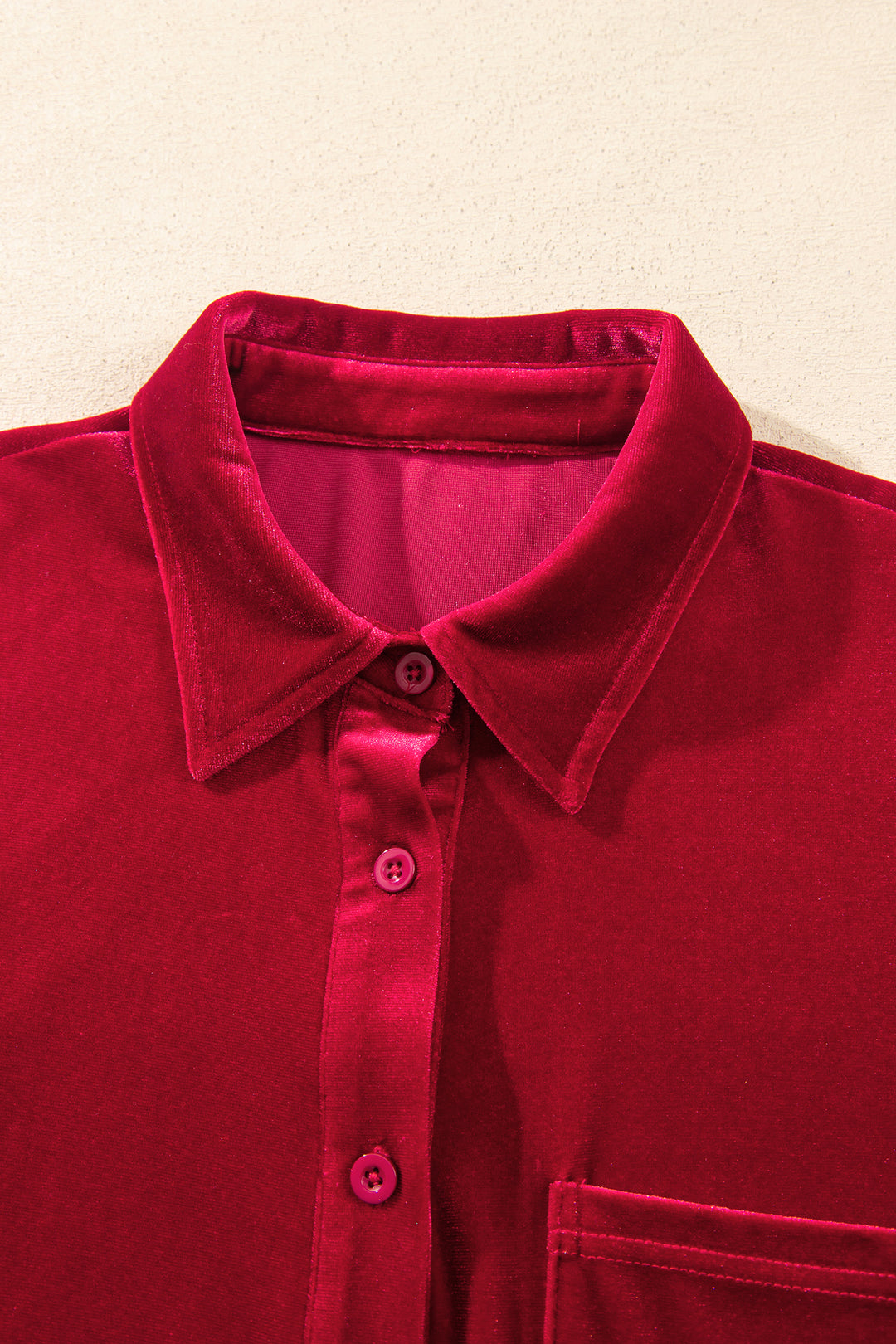 Fiery Red Soft Velvet Patch Pocket Button Down Loose Shirt