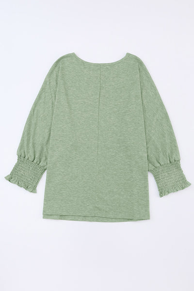 Green Smocked 3/4 Sleeve Casual Loose Top